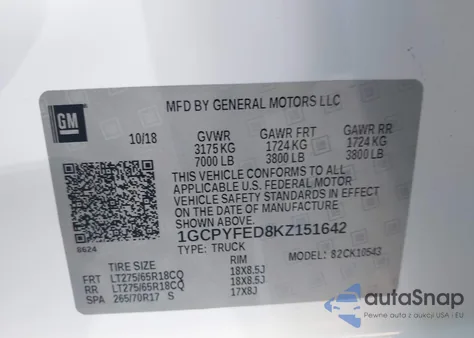 2019 Chevrolet Silverado 1500 Lt Trail Boss z USA, uszkodzony, nr VIN 1GCPYFED8KZ151642